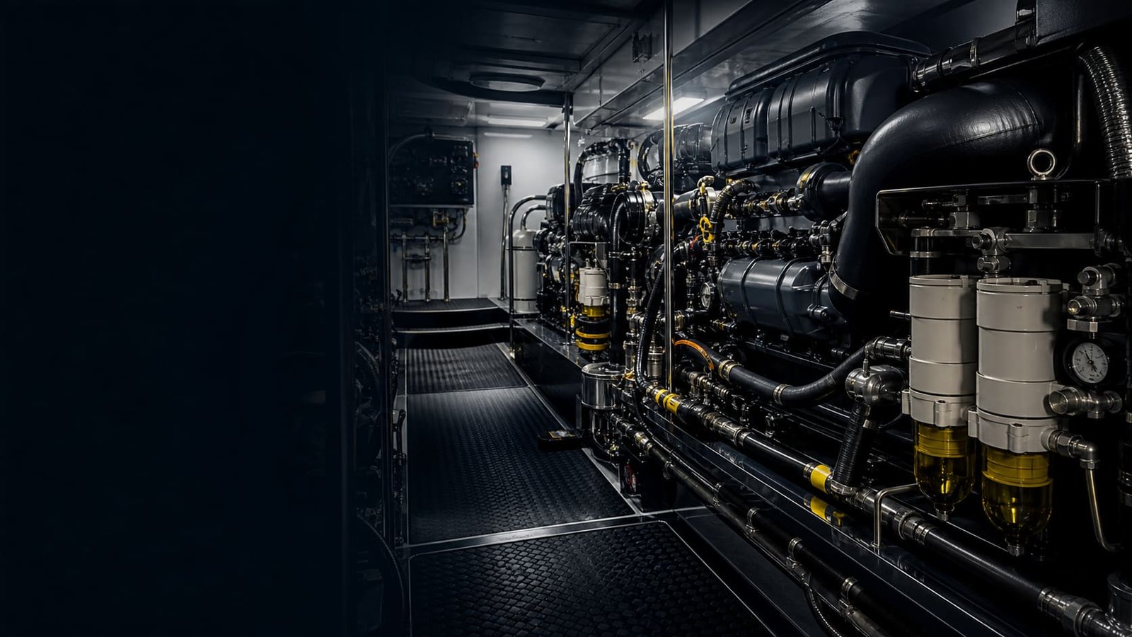 Dark yacht engine room with diesel systems, filters, pumps, hoses, and mechanical equipment